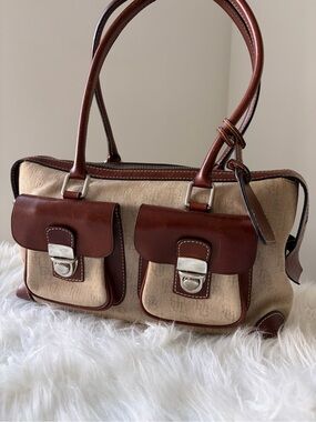Vintage Dooney & Bourke Signature Jacquard Canvas and Brown Leather Satchel Tote